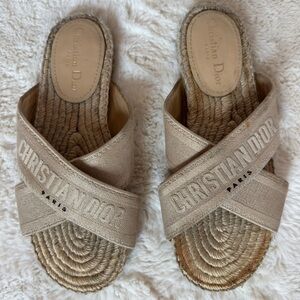 Christian Dior Granville Canvas embroidered Beige Espadrille criss cross Slides